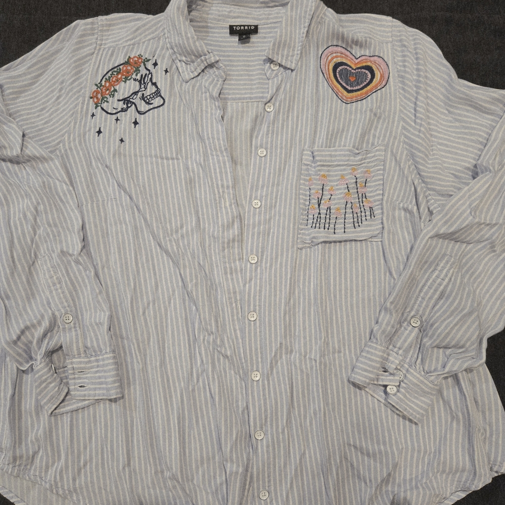 Torrid Blue Striped Shirt with Embroidery